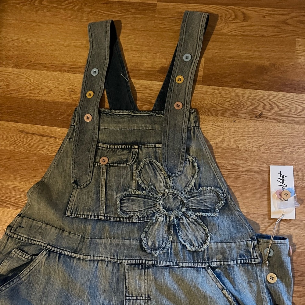Blue Velvet Floral Embroidered Denim Overalls - Picture 4 of 5